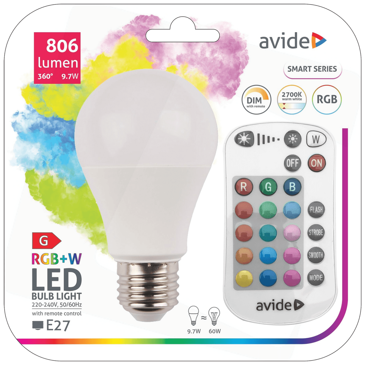 Avide pametna sijalica, LED 9.7W, E27, RGB+W, 2700K, daljinski