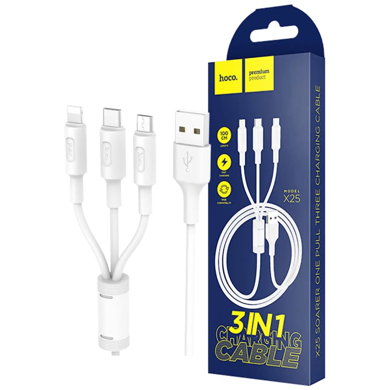 USB kabal 3 in 1 micro USB, type C, Lightning, 1 m, 2 A